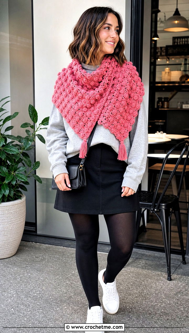 Bobble Stitch Triangle Crochet Shawl With Sweatshirt And Mini Skirt - 35 triangle crochet shawl outfit ideas