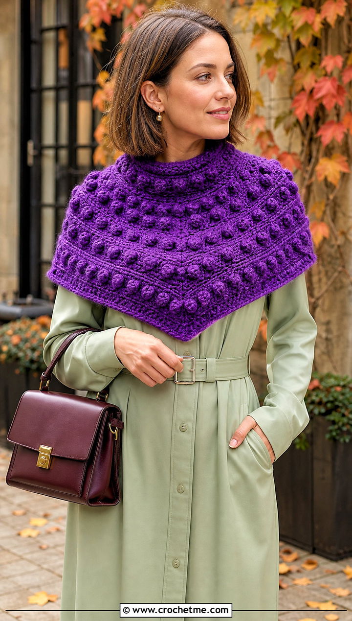 Bobble Stitch Triangle Scarf With Shirt Dress - 25 Crocheted Triangle Scarf outfit ideas