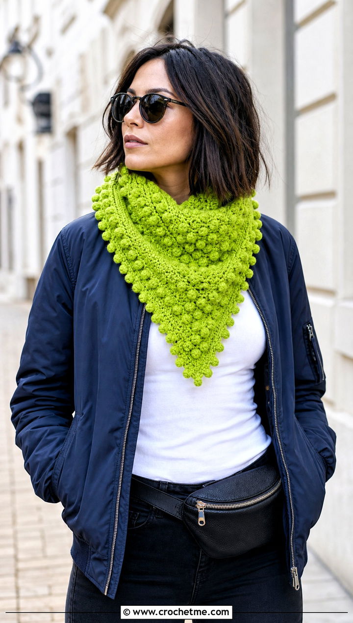 Bobble Stitch Triangle Shawl With Bomber Jacket - 30 easy crochet triangle shawl outfit ideas