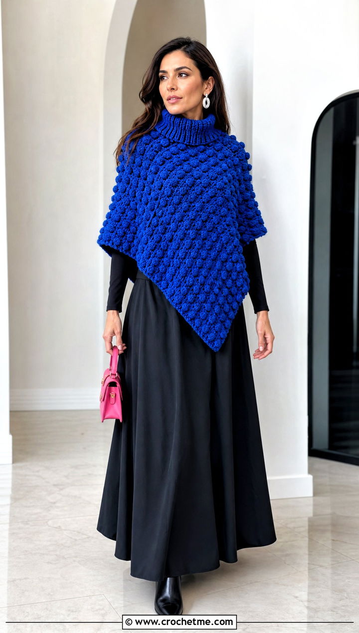 Bobble Stitch Turtle Neck Crochet Poncho With A Black Maxi Skirt - 25 Turtle Neck Crochet Poncho outfit ideas