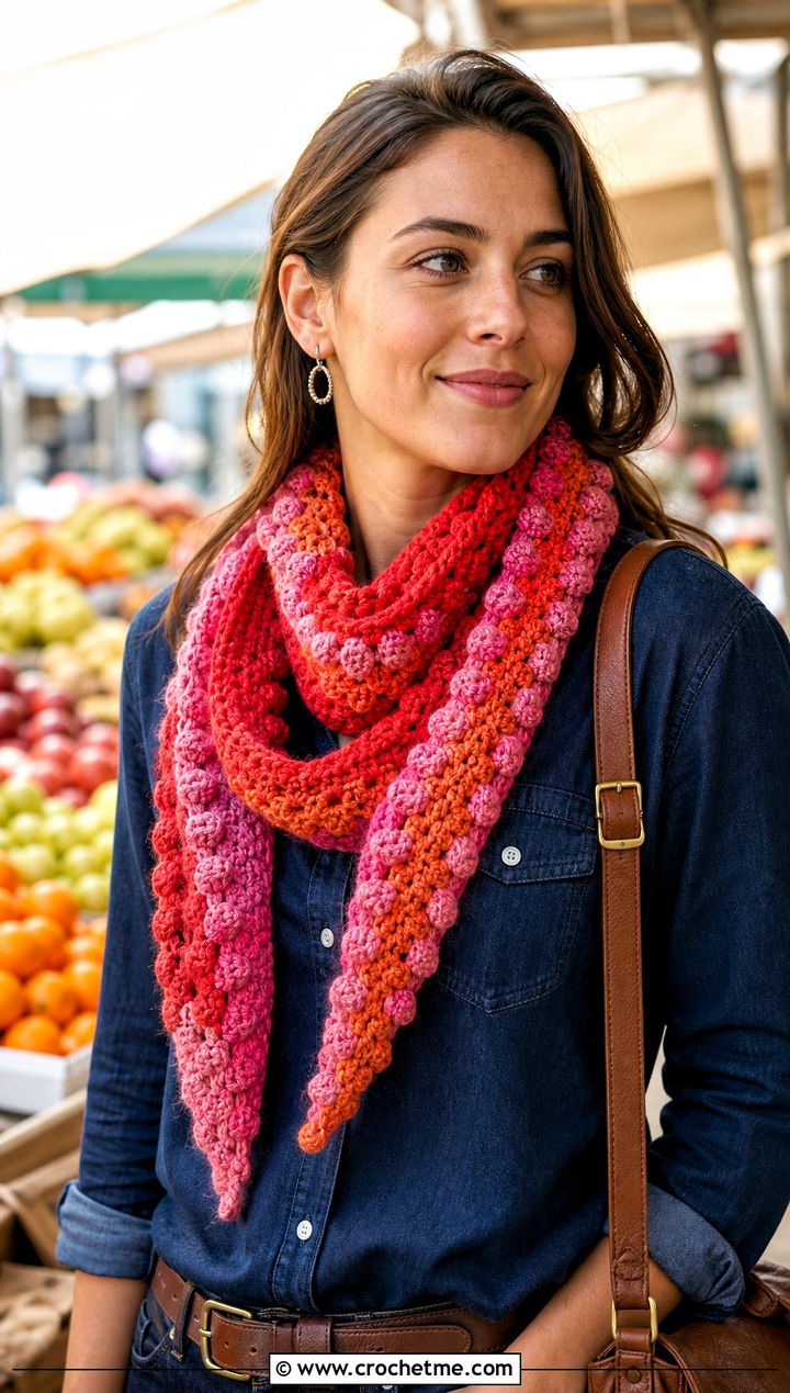 Bobble Stitch Variegated Crochet Scarf With Western Denim - 25 Variegated Yarn Crochet Scarf outfit ideas