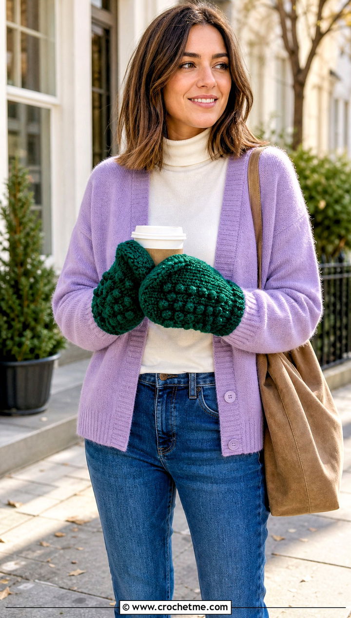 Bobble Stitch Velvet Crochet Mittens With Cardigan And Jeans - 20 velvet crochet mittens outfit ideas
