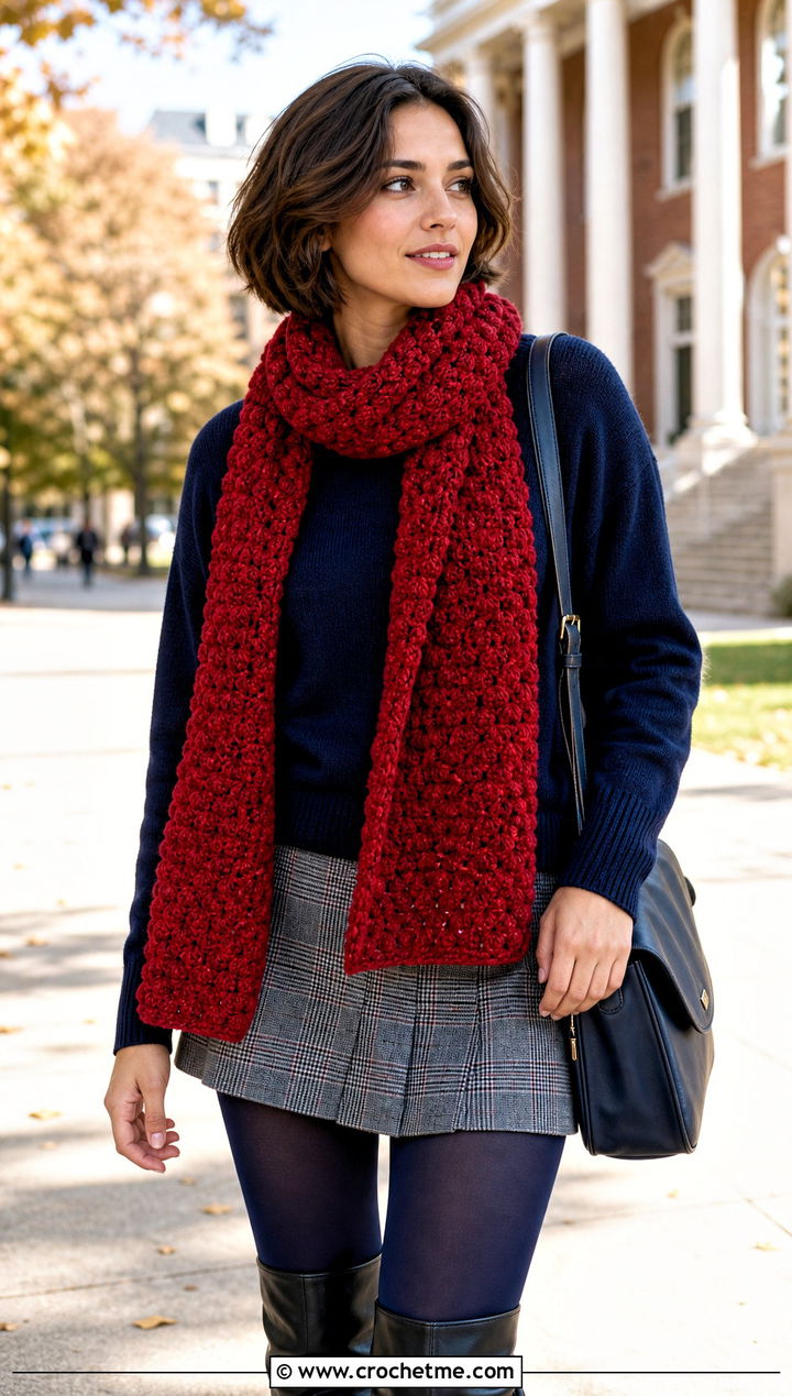 Bobble Stitch Velvet Crochet Scarf With Mini Skirt - 25 Velvet Crochet Scarf outfit ideas