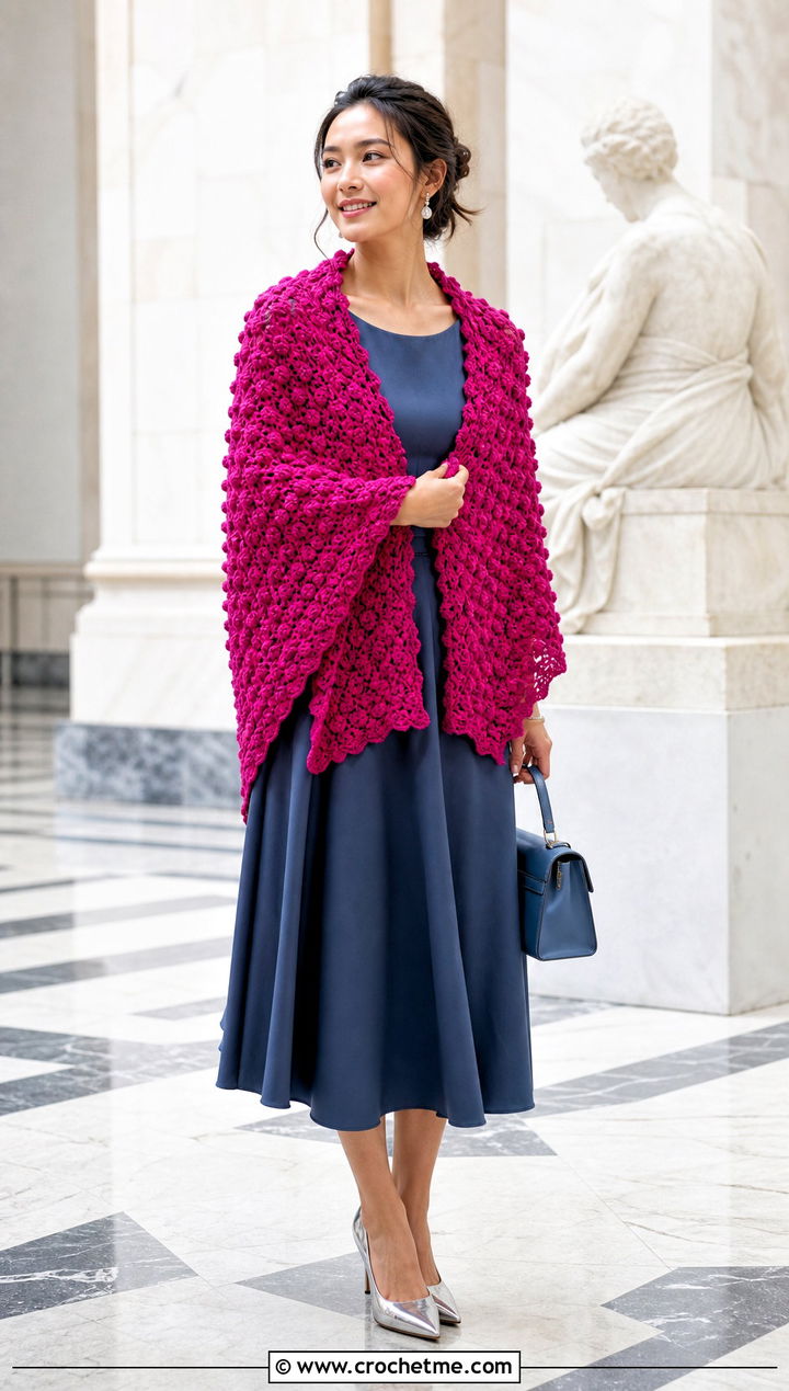 Bobble Stitch Wedding Shawl With Minimal Midi Dress - 35 crochet wedding shawl outfit ideas
