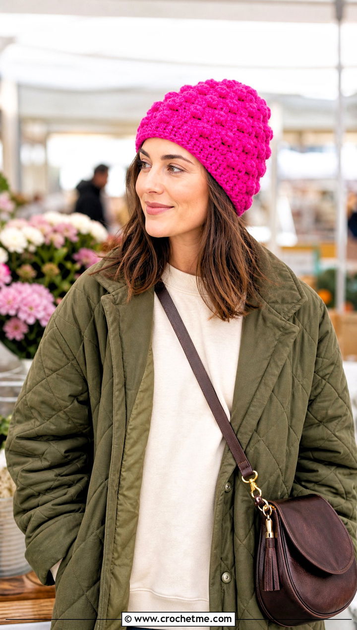 Bobble Stitch Wool Crochet Beanie With Quilted Coat - 25 Wool Crochet Hat outfit ideas