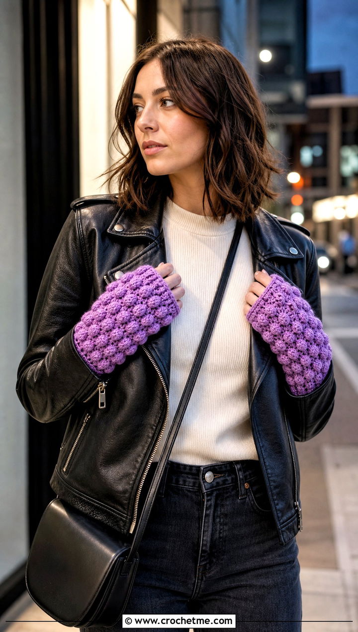 Bobble Stitch Wrist Warmers With Leather Jacket - 30 easy crochet hand warmers outfit ideas