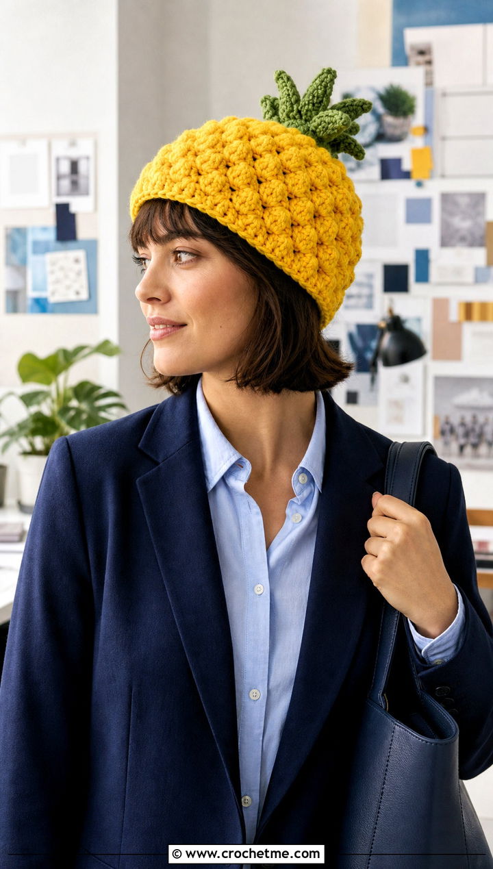 Bobble Stitch Yellow Crochet Pineapple Beanie With A Blazer - 15 Yellow Crochet Pineapple Hat outfit ideas
