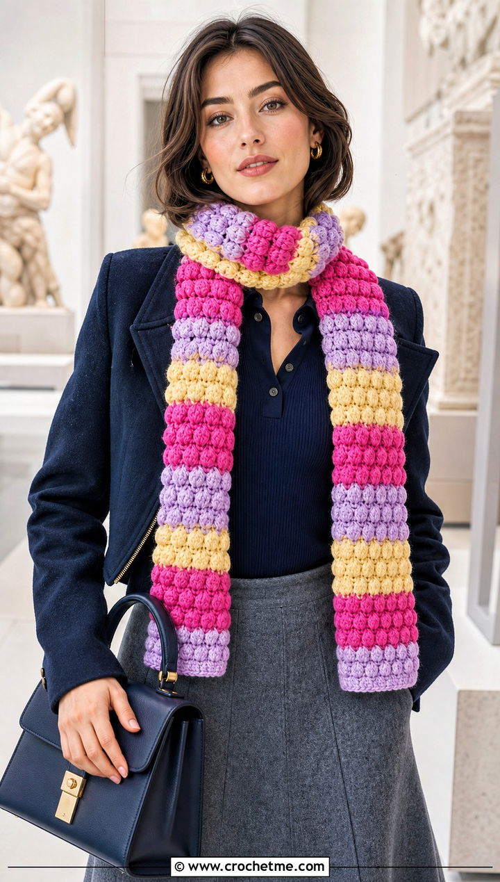 Bobble Stripe Crochet Scarf With Knit Polo And Skirt - 30 Stripe Crochet Scarf outfit ideas