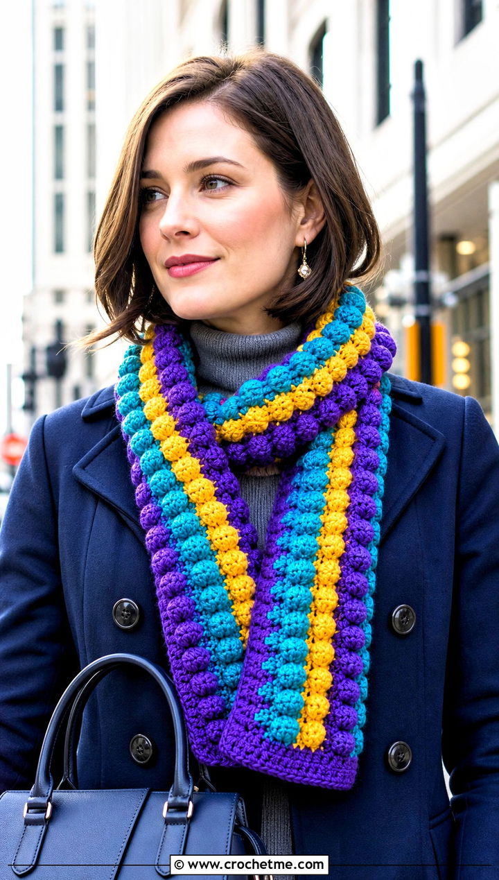 Bobble Stripe Crochet Scarf With Peacoat - 30 striped crochet scarf outfit ideas