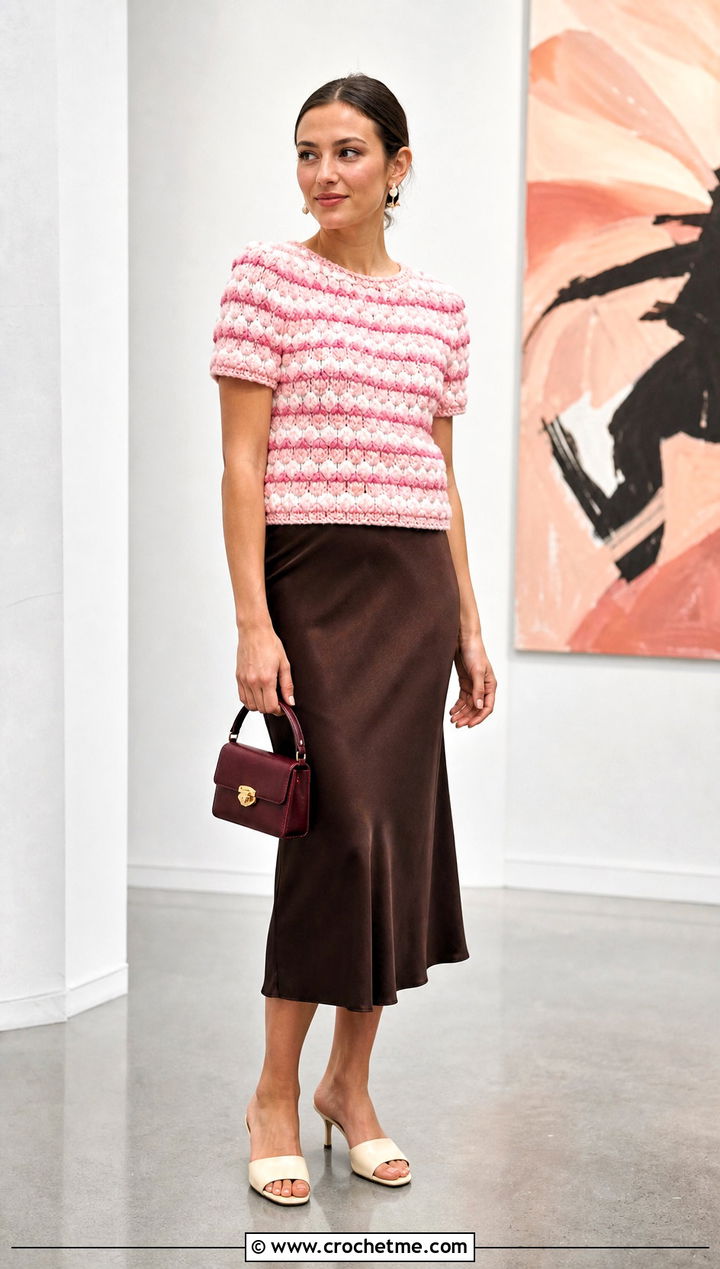 Bobble Stripe Crochet Tee With Satin Midi Skirt - 15 intermediate crochet tee outfit ideas