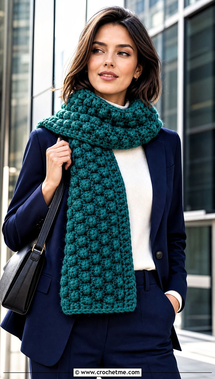 Bobble Super Bulky Crochet Scarf With Blazer - 15 Super Bulky Crochet Scarf outfit ideas