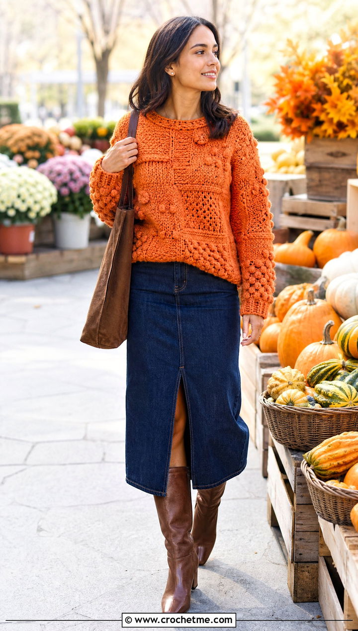 Bobble Texture Freeform Sweater With Denim Midi Skirt - 15 Freeform Crochet Sweater Ideas