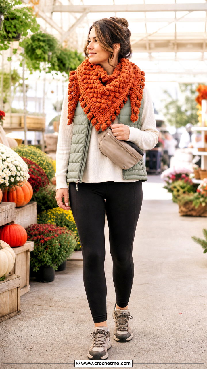 Bobble Triangle Shawl With Puffer Vest - 35 crochet triangle shawl outfit ideas
