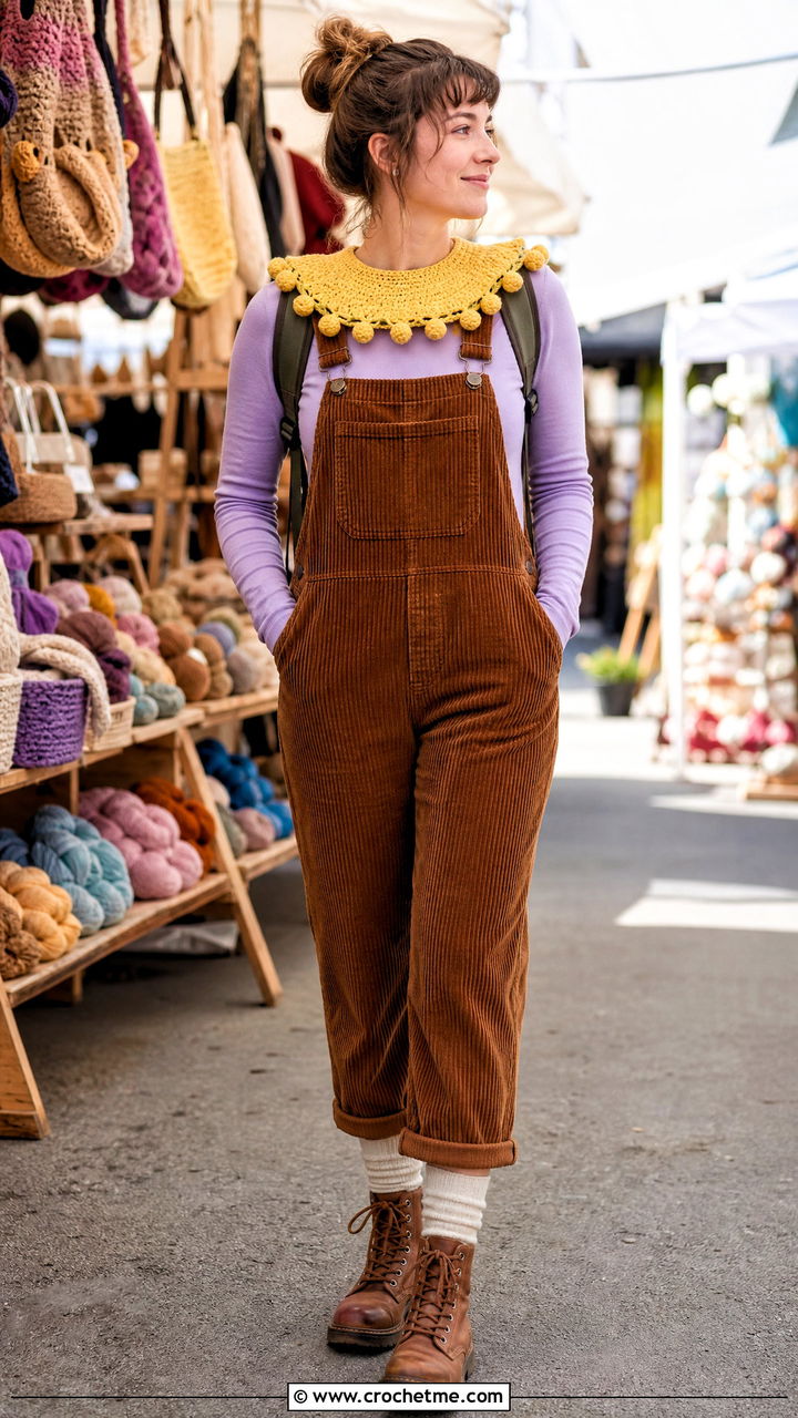 Bobble Trim Crochet Clown Collar With Corduroy Overalls - 35 crochet clown collar outfit ideas