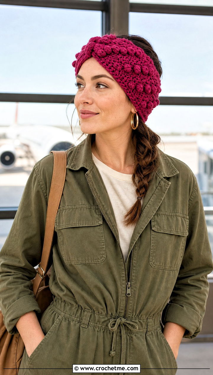 Bobble Twist Crochet Ear Warmer With Utility Jumpsuit - 25 twist crochet ear warmer outfit ideas