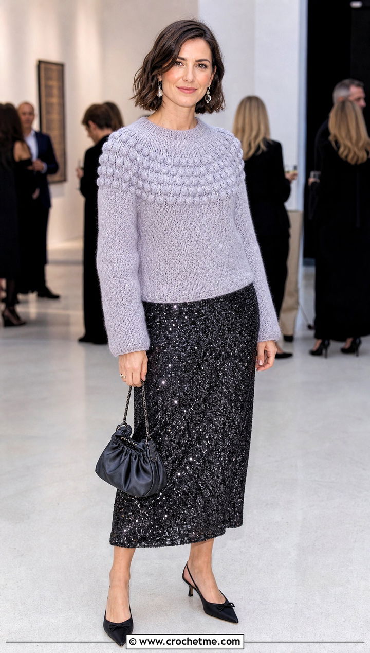 Bobble Yoke Crochet Sweater With Sequin Midi Skirt - 25 Yoke Down Crochet Sweater outfit ideas