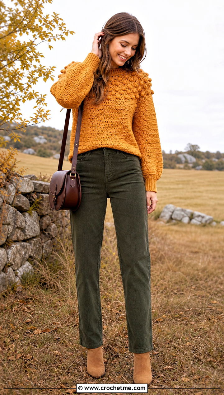 Bobble Yoke Sweater With Corduroy Pants - 25 crochet bobble sweater outfit ideas