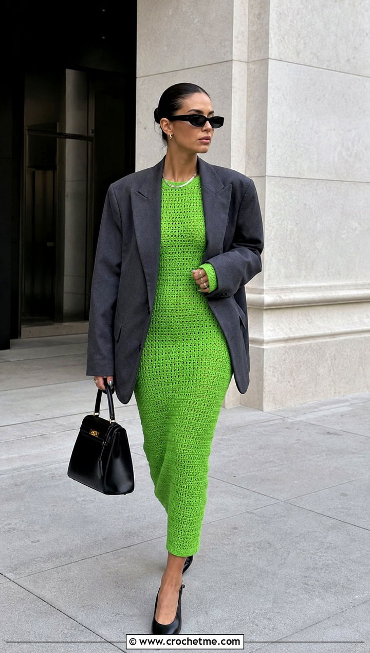 Bodycon Crochet Dress With Oversized Blazer - 35 long sleeve crochet dress outfit ideas