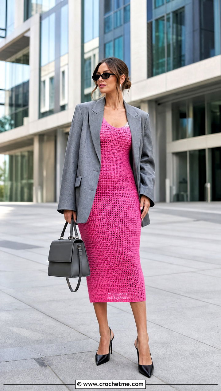 Bodycon Crochet Dress With Oversized Blazer - 30 crochet dress accessories outfit ideas