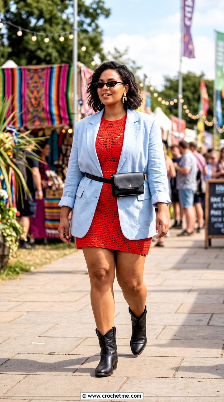 Bodycon Crochet Festival Dress With Oversized Blazer - 35 crochet festival dress outfit ideas