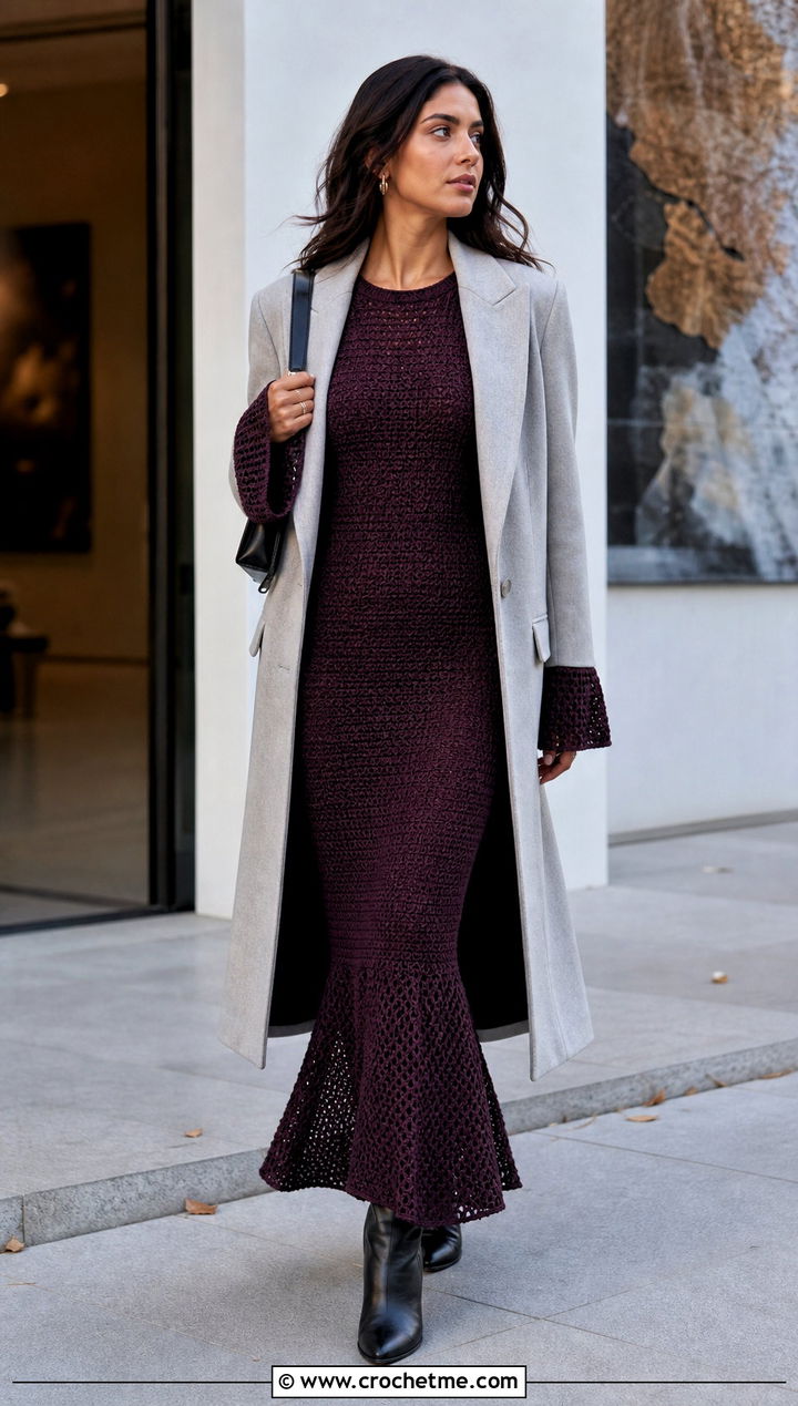 Bodycon Crochet Fishtail Flare Sleeve Maxi Dress With Long Coat - 20 Crochet Fishtail Flare Sleeve Maxi Dress outfit ideas