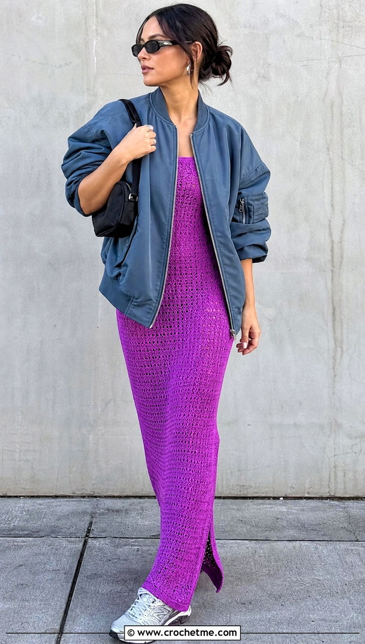 Bodycon Crochet Gown Dress With Oversized Bomber Jacket - 25 Crochet Gown Dress outfit ideas