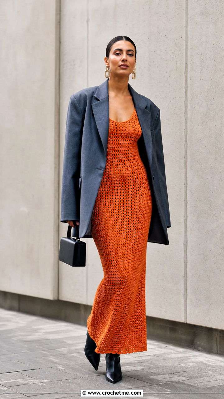 Bodycon Crochet Gown With Oversized Blazer - 35 crochet gown outfit ideas