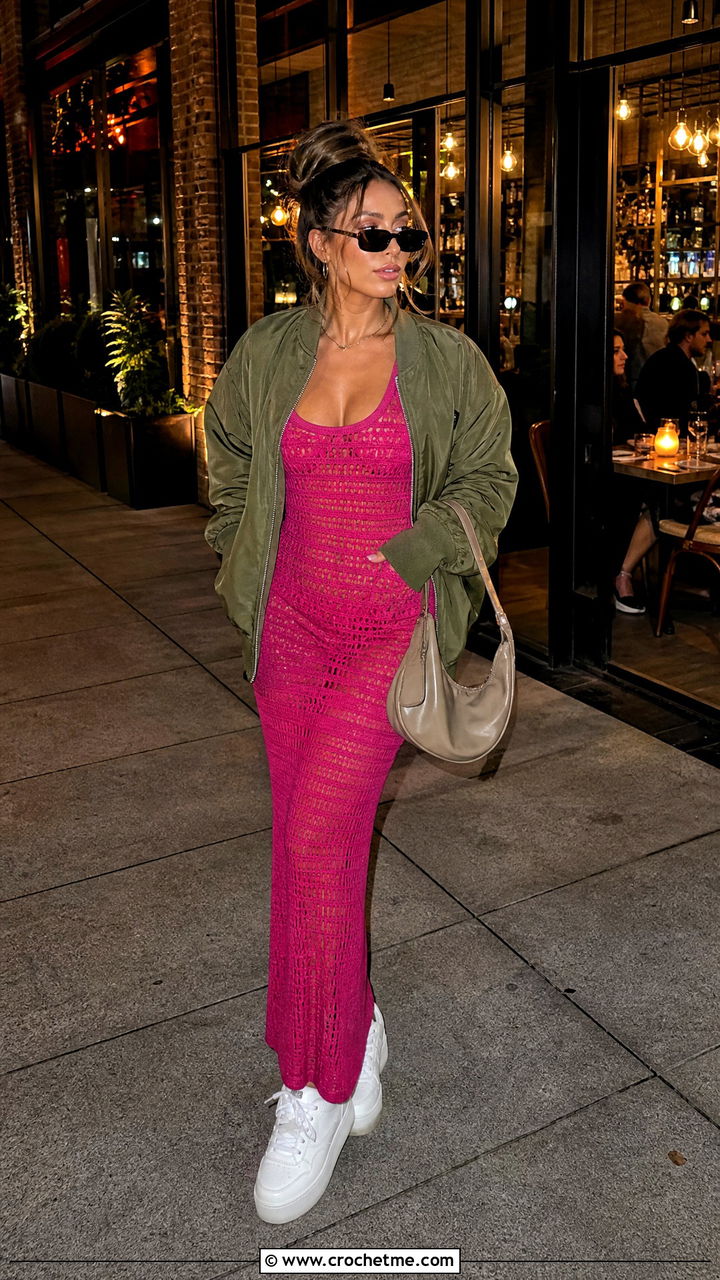 Bodycon Crochet Mesh Dress With Bomber Jacket - 35 crochet mesh dress outfit ideas