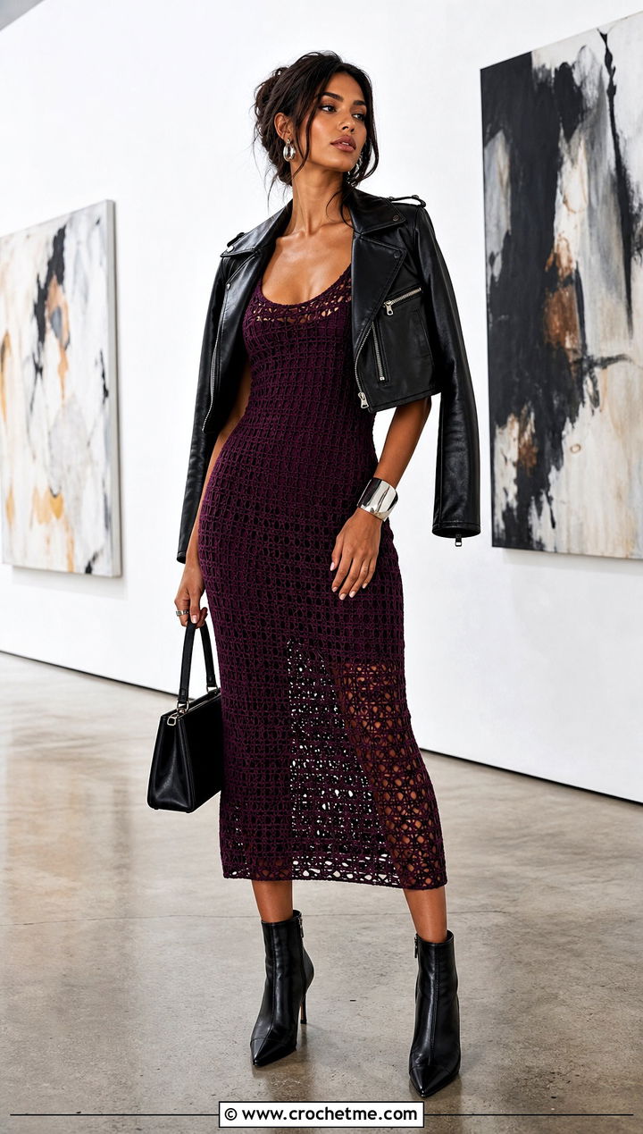 Bodycon Crochet Midi Dress With Leather Jacket - 15 Boho Hippie Crochet Dress outfit ideas