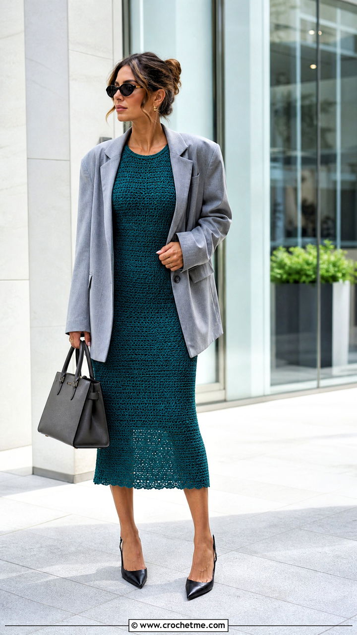 Bodycon Crochet Midi Dress With Oversized Blazer - 35 easy crochet dress outfit ideas