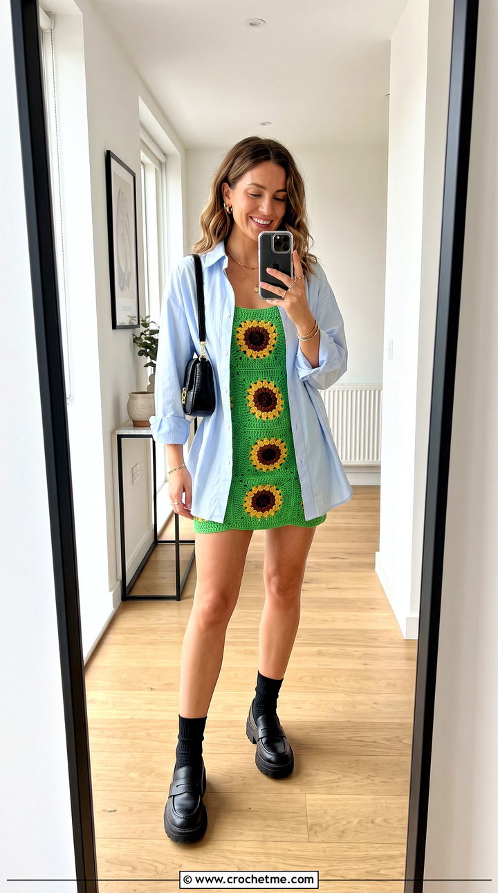Bodycon Crochet Sunflower Dress With Oversized Shirt - 35 crochet sunflower dress outfit ideas