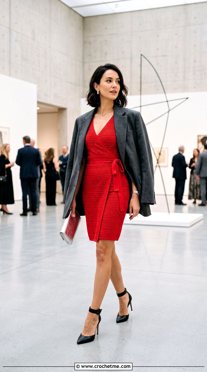 Bodycon Crochet Wrap Dress With Oversized Blazer - 35 crochet wrap dress outfit ideas