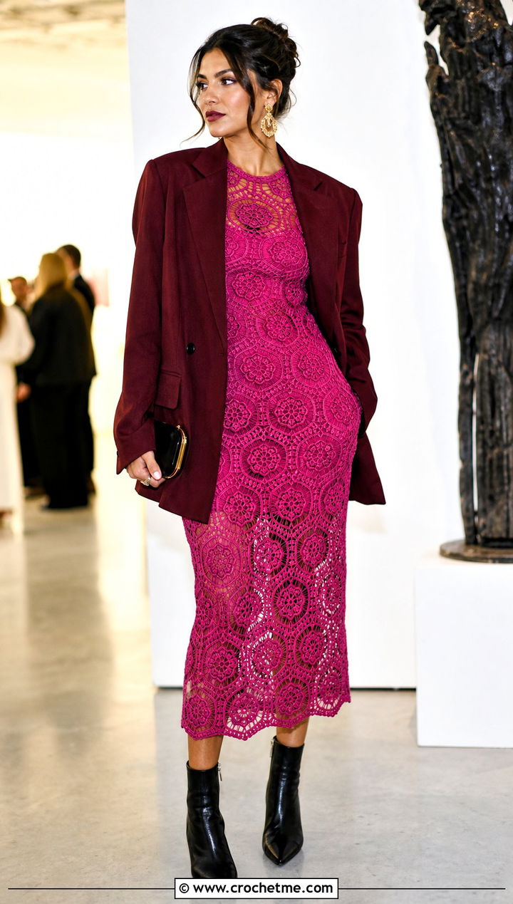 Bodycon Hexagon Crochet Midi Dress With Oversized Blazer - 25 hexagon crochet dress outfit ideas