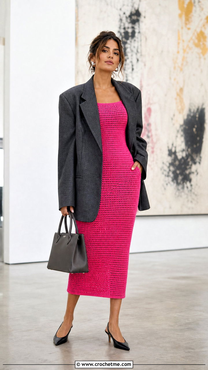 Bodycon Midi Crochet Frock With Oversized Blazer - 35 Crochet Frocks For Women outfit ideas