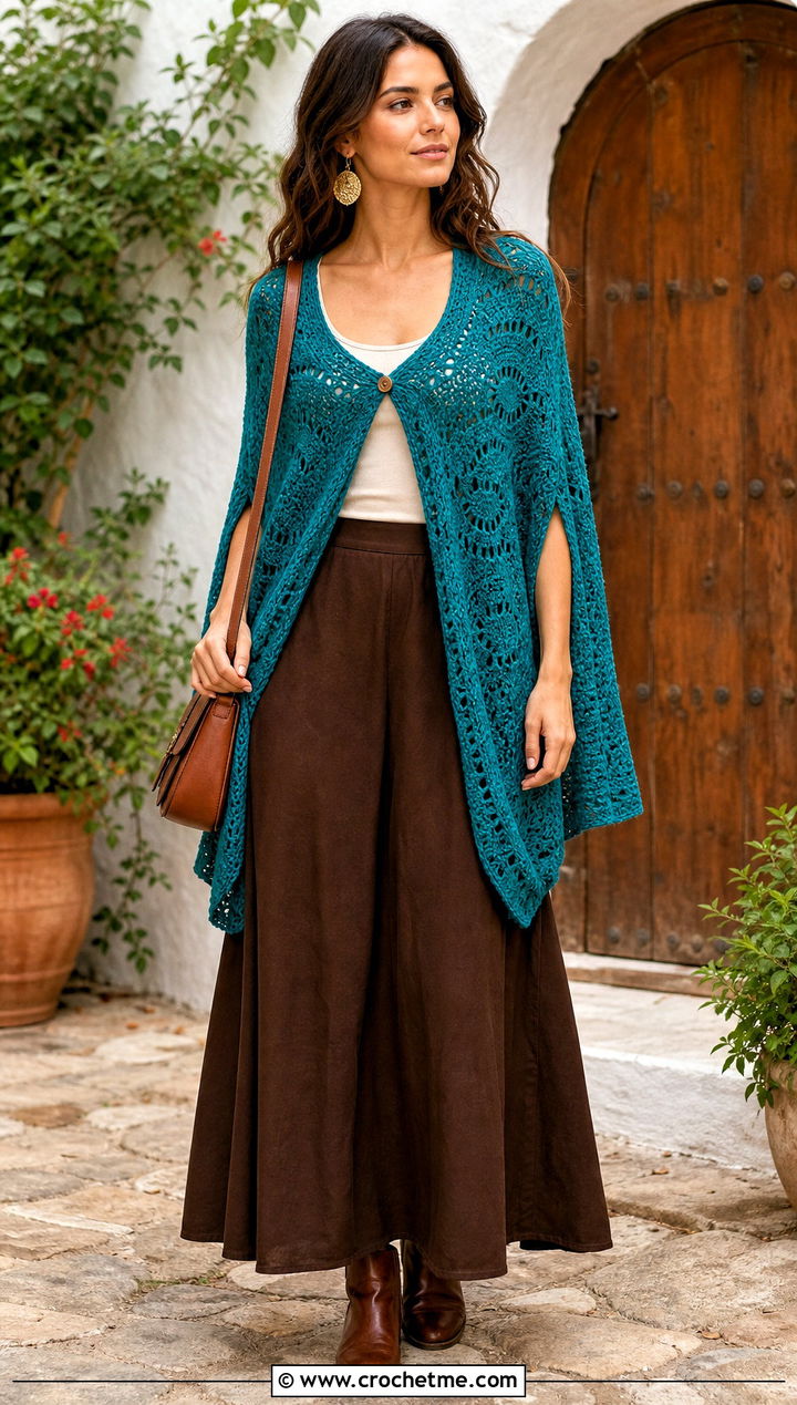Boho Buttoned Crochet Shawl With Arm Holes And Maxi Skirt - 30 crochet shawl with arm holes outfit ideas