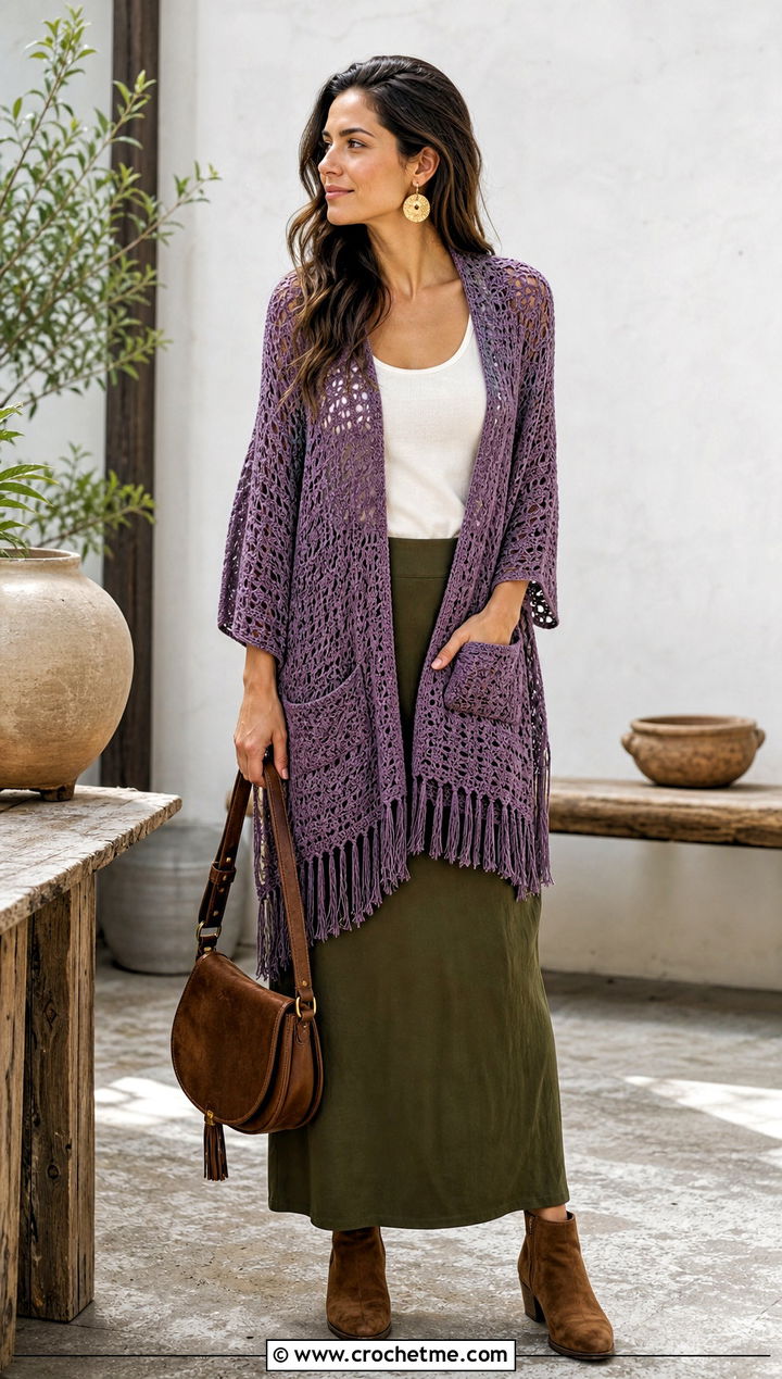 Boho Crochet Pocket Shawl With Maxi Skirt - 25 Easy Crochet Shawl With Pockets outfit ideas