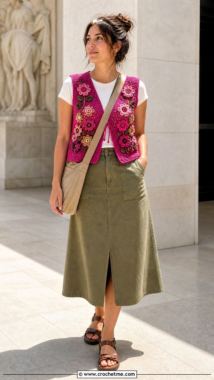 Boho Flower Crochet Vest With a Utility Skirt - 35 boho crochet vest outfit ideas