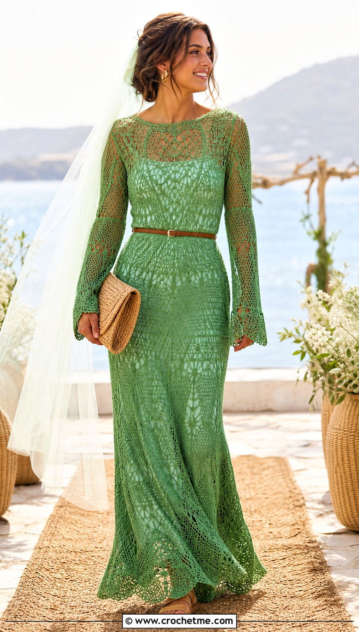 Boho Mesh Crochet Wedding Dress With Suede Sandals - 20 vintage crochet wedding dress outfit ideas