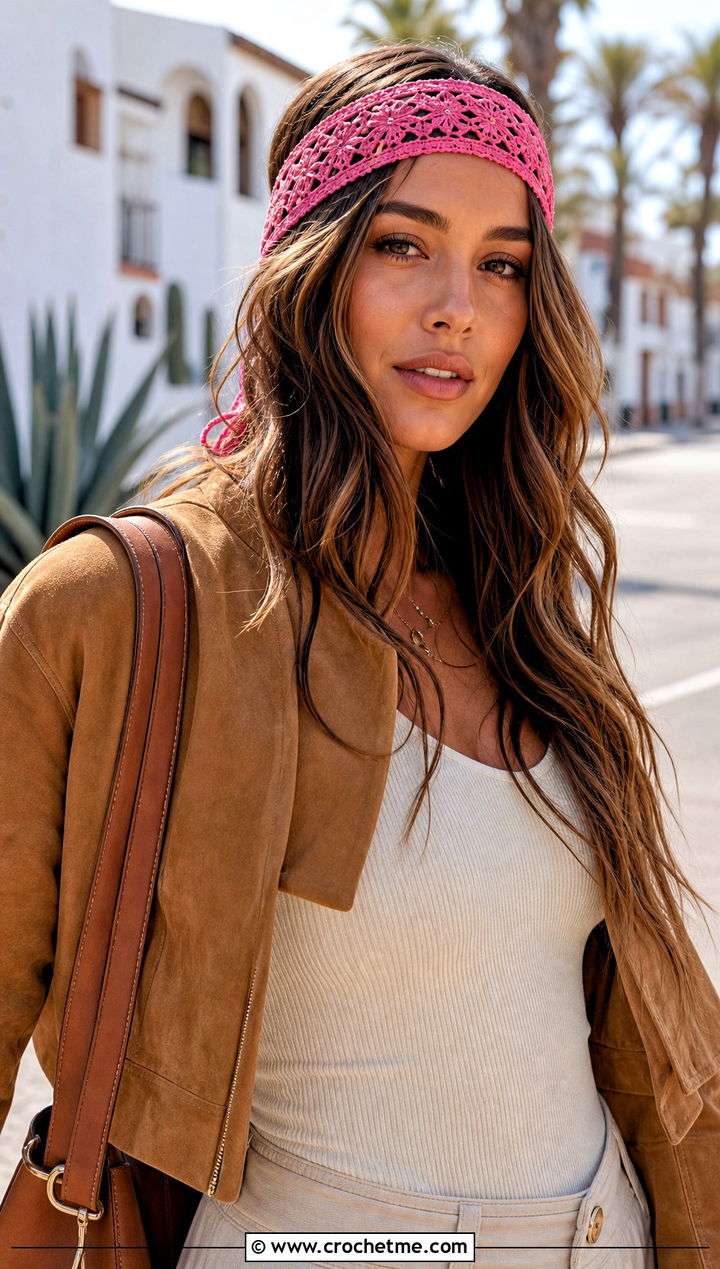 Boho Tie Back Lace Crochet Headband With Suede Jacket And Flare Jeans - 30 lace crochet headband outfit ideas