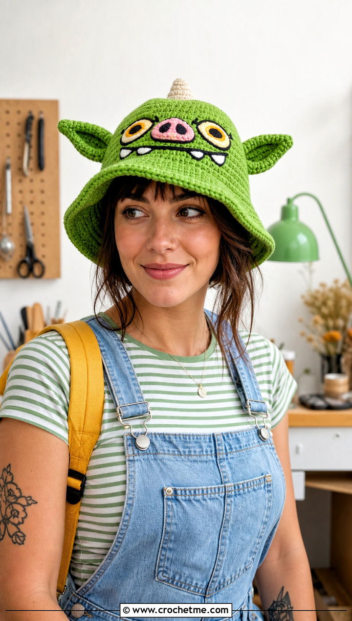 Bokoblin Crochet Bucket Hat With Denim Overalls - 15 Bokoblin Crochet Hat outfit ideas