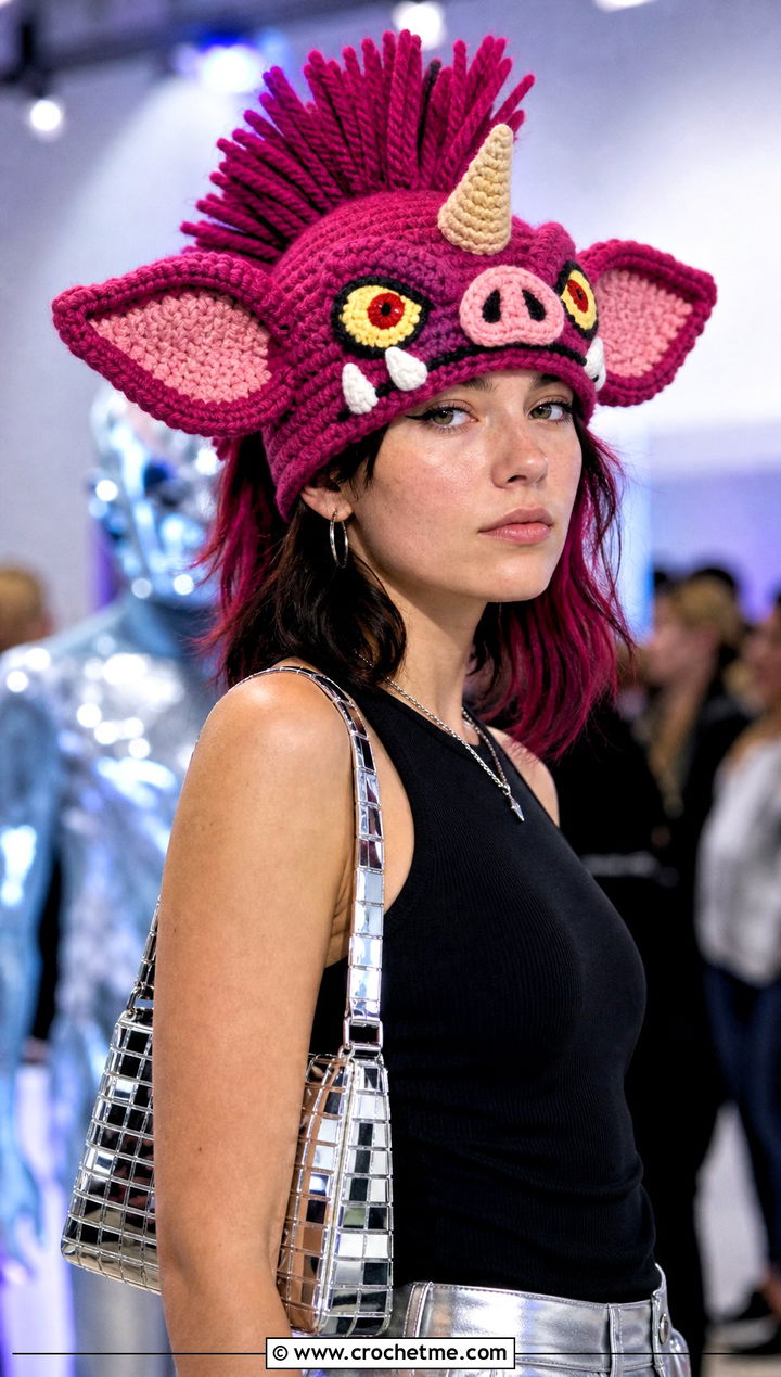 Bokoblin Mohawk Crochet Hat With Metallic Pants - 15 Bokoblin Crochet Hat outfit ideas