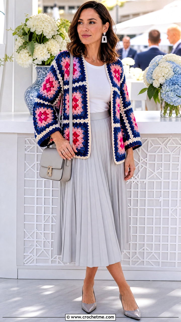 Bold Border Big Granny Square Cardigan With Pleated Midi Skirt - 35 Big Granny Square Cardigan outfit ideas