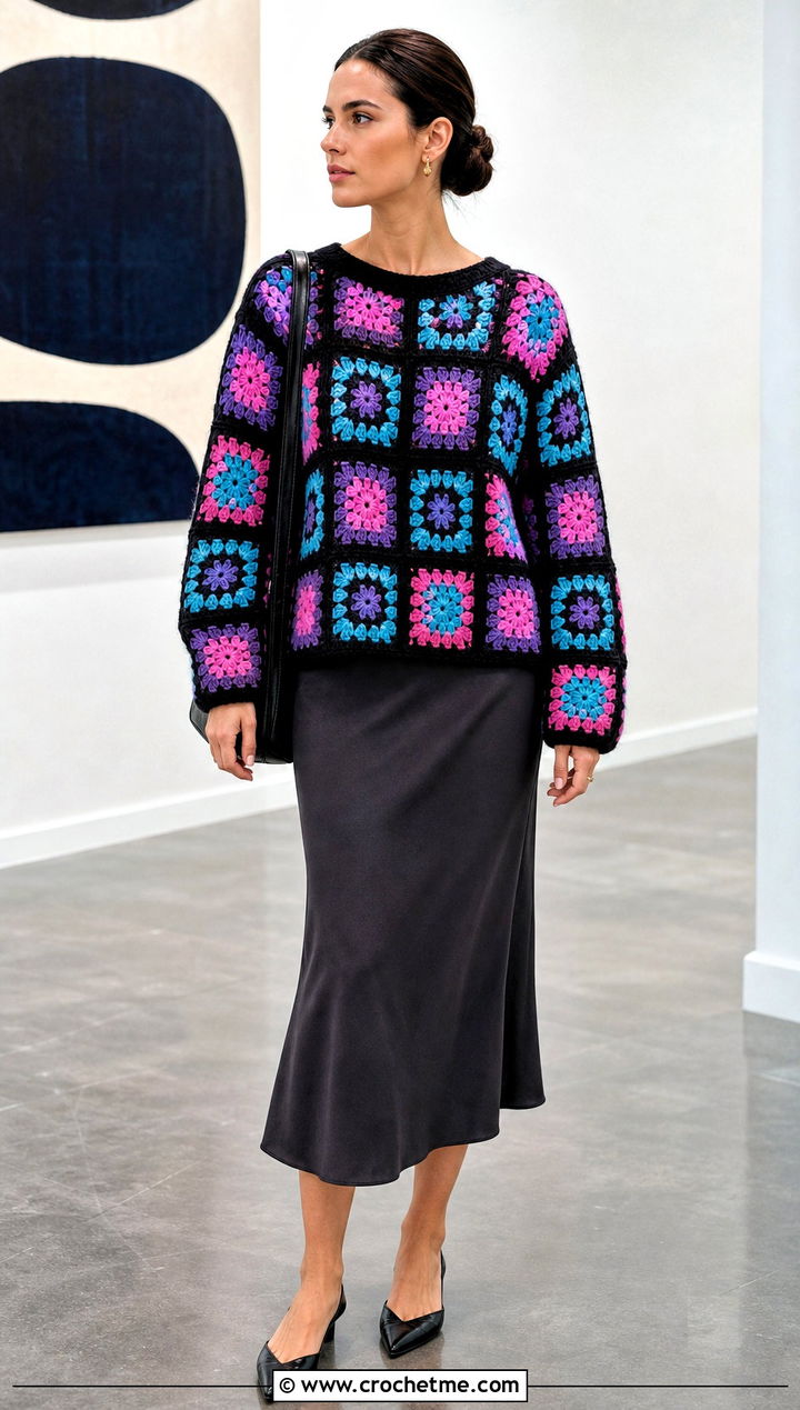Bold Border Granny Square Sweater With Bias Midi Skirt - 30 crochet patchwork sweater outfit ideas