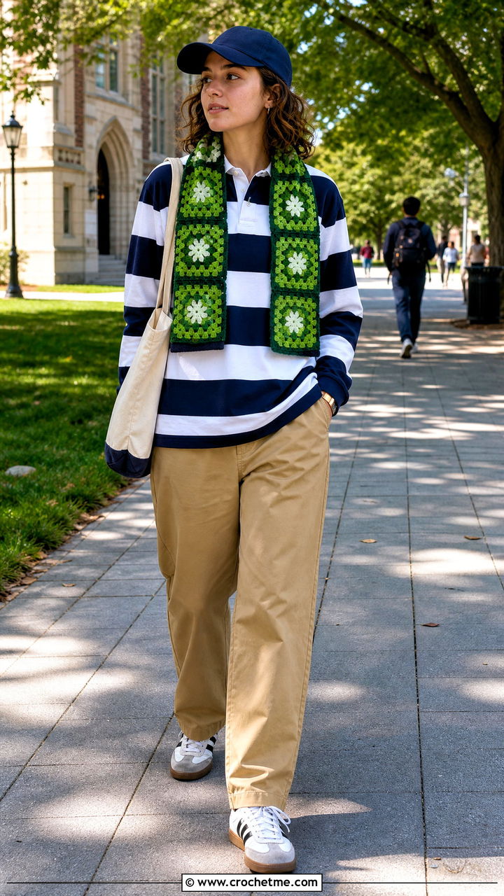 Bold Granny Square Scarf With Rugby Shirt And Khaki Pants - 35 granny square scarf outfit ideas