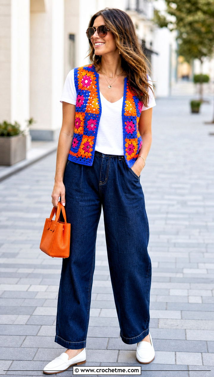 Bold Patchwork Granny Square Waistcoat With Barrel Jeans - 35 granny square waistcoat outfit ideas