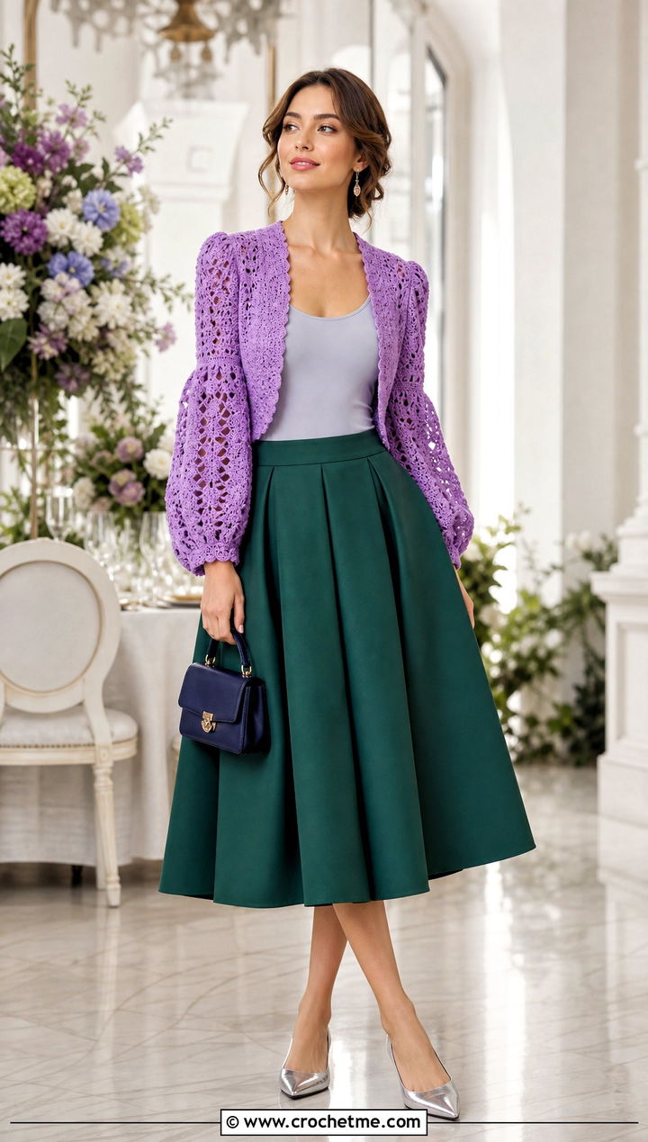 Bolero Cardigan With Puff Lace Sleeves And Full Midi Skirt - 15 crochet cardigan with lace sleeves outfit ideas