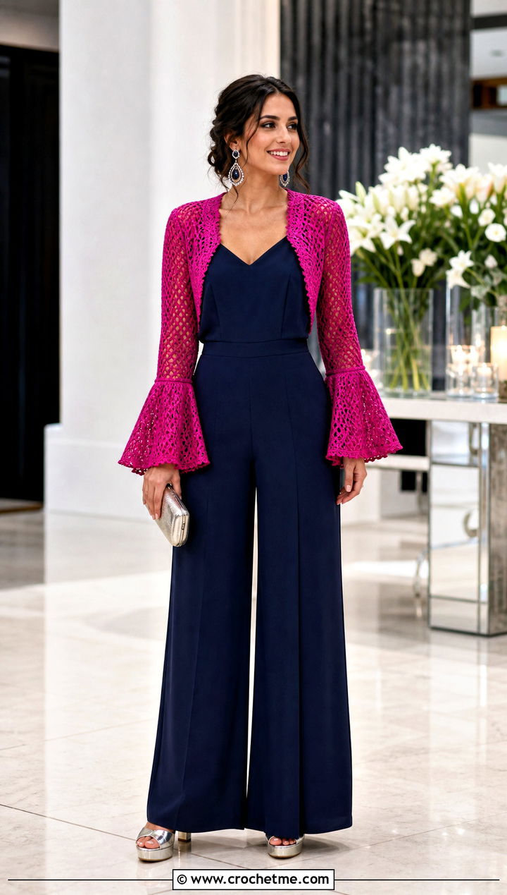 Bolero Crochet Bell Sleeve Cardigan With Wide Leg Jumpsuit - 30 crochet bell sleeve cardigan outfit ideas