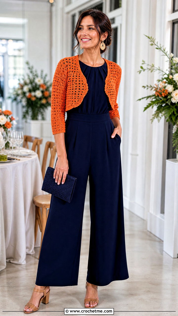 Bolero Crochet Cardigan With a Sleeveless Jumpsuit - 35 beginner crochet cardigan outfit ideas