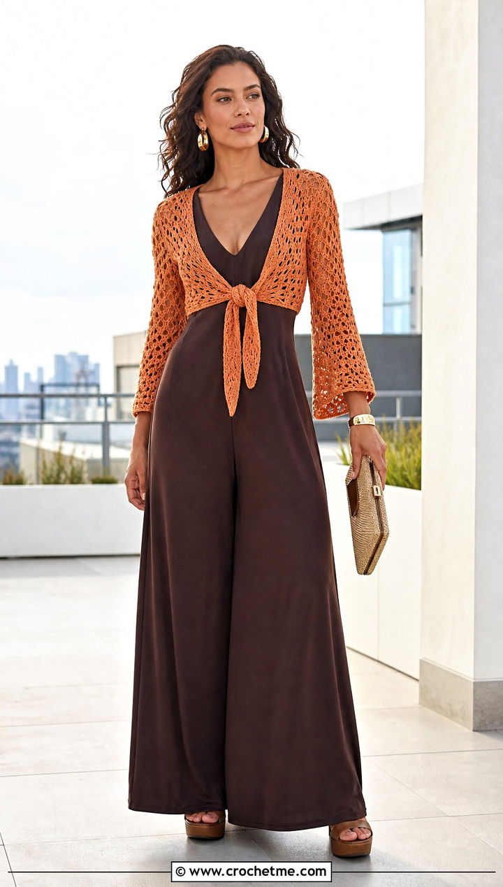 Bolero Crochet Coverup With Wide Leg Jumpsuit - 35 crochet coverups outfit ideas