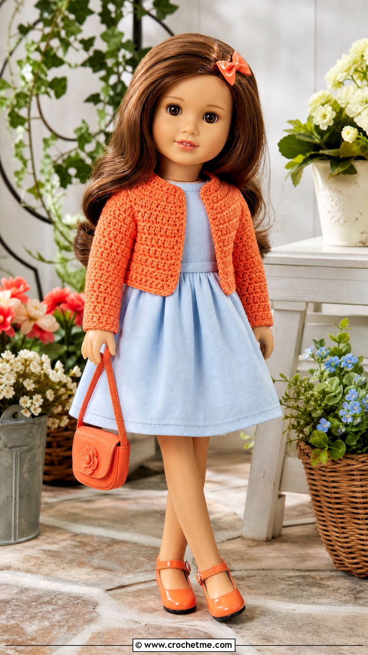 Bolero Crochet Doll Sweater With Fit And Flare Dress - 35 crochet doll sweater outfit ideas